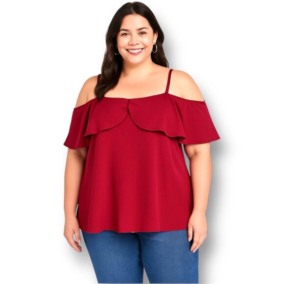 Torrid 2X Red Georgette Cold Shoulder Ruffle Blouse Flowy Romantic Holiday Fairy - Picture 1 of 10